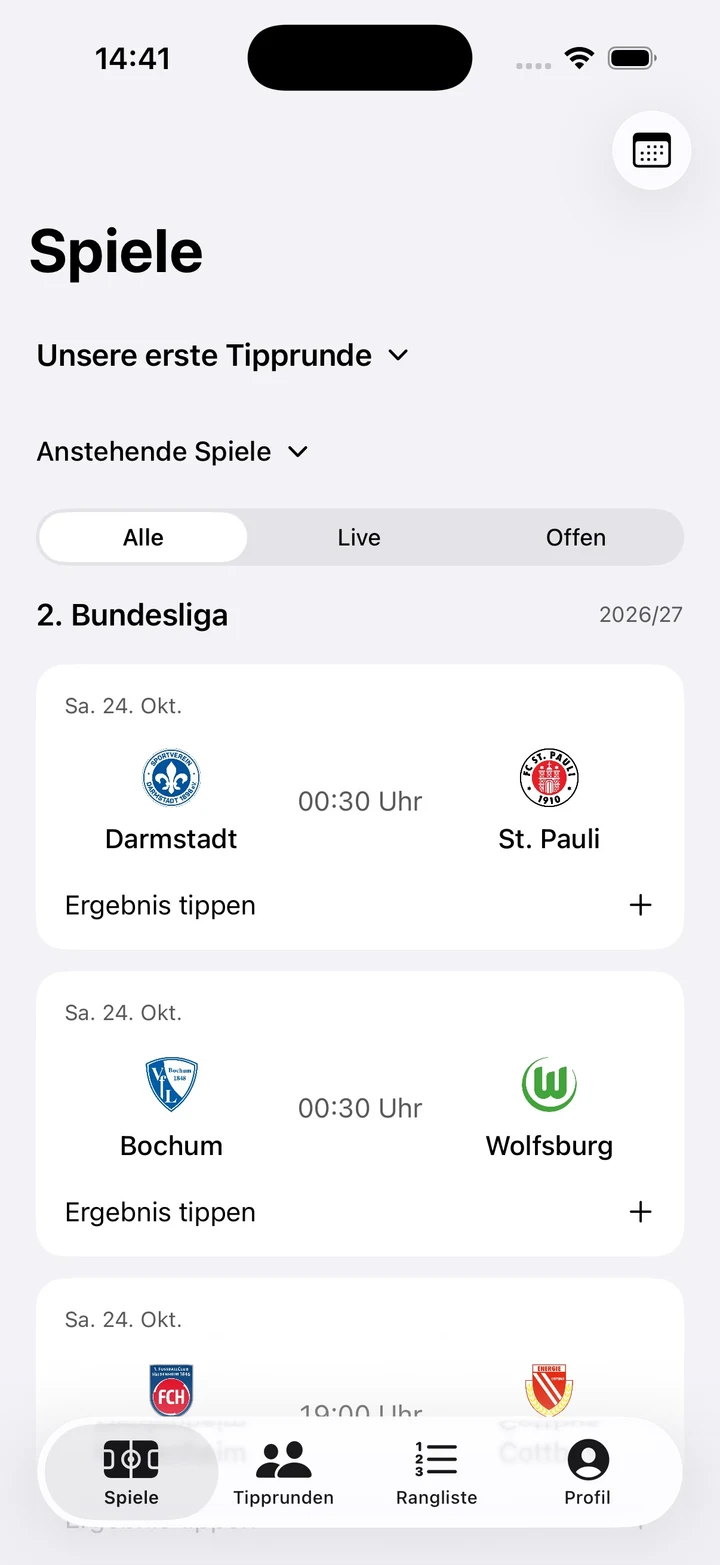 Anstoß: Spielübersicht zum Tippen